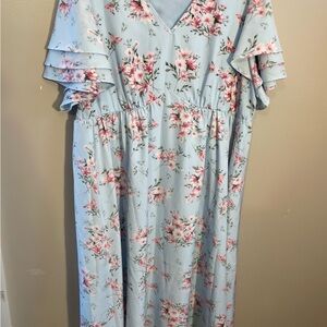 BloomChic Light Blue Floral V-Neck Dress with Pink Accents